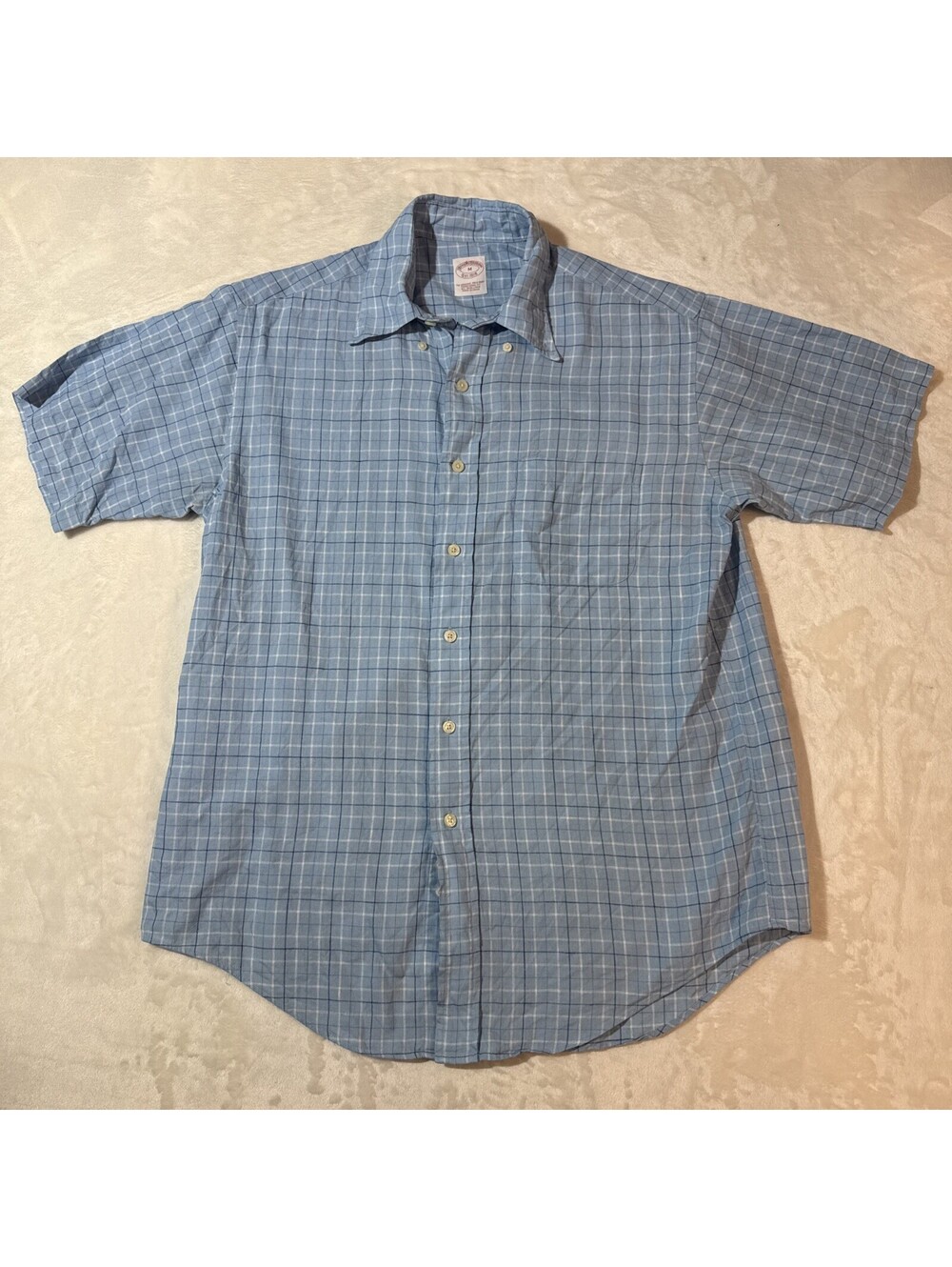 Brooks Brothers Original Polo Shirt Men MED Linen Blue Windowpane Short Sleeve